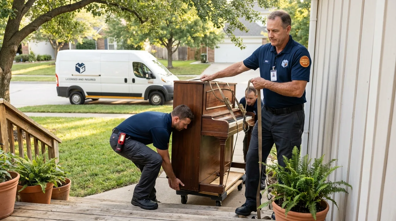 Licensed piano movers securing grand piano in Toronto, OH