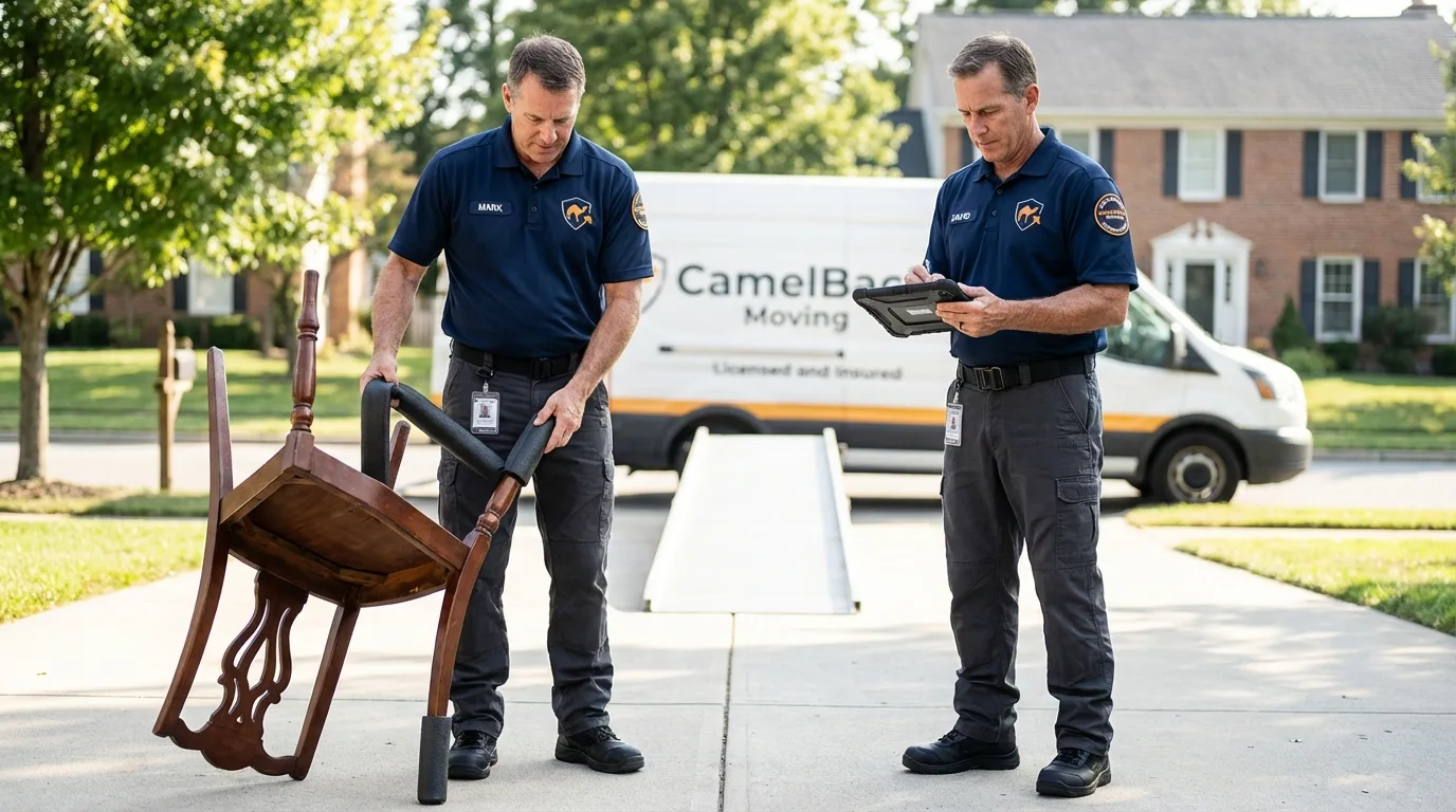 Movers inspecting furniture for damage prevention before loading in Toronto, OH